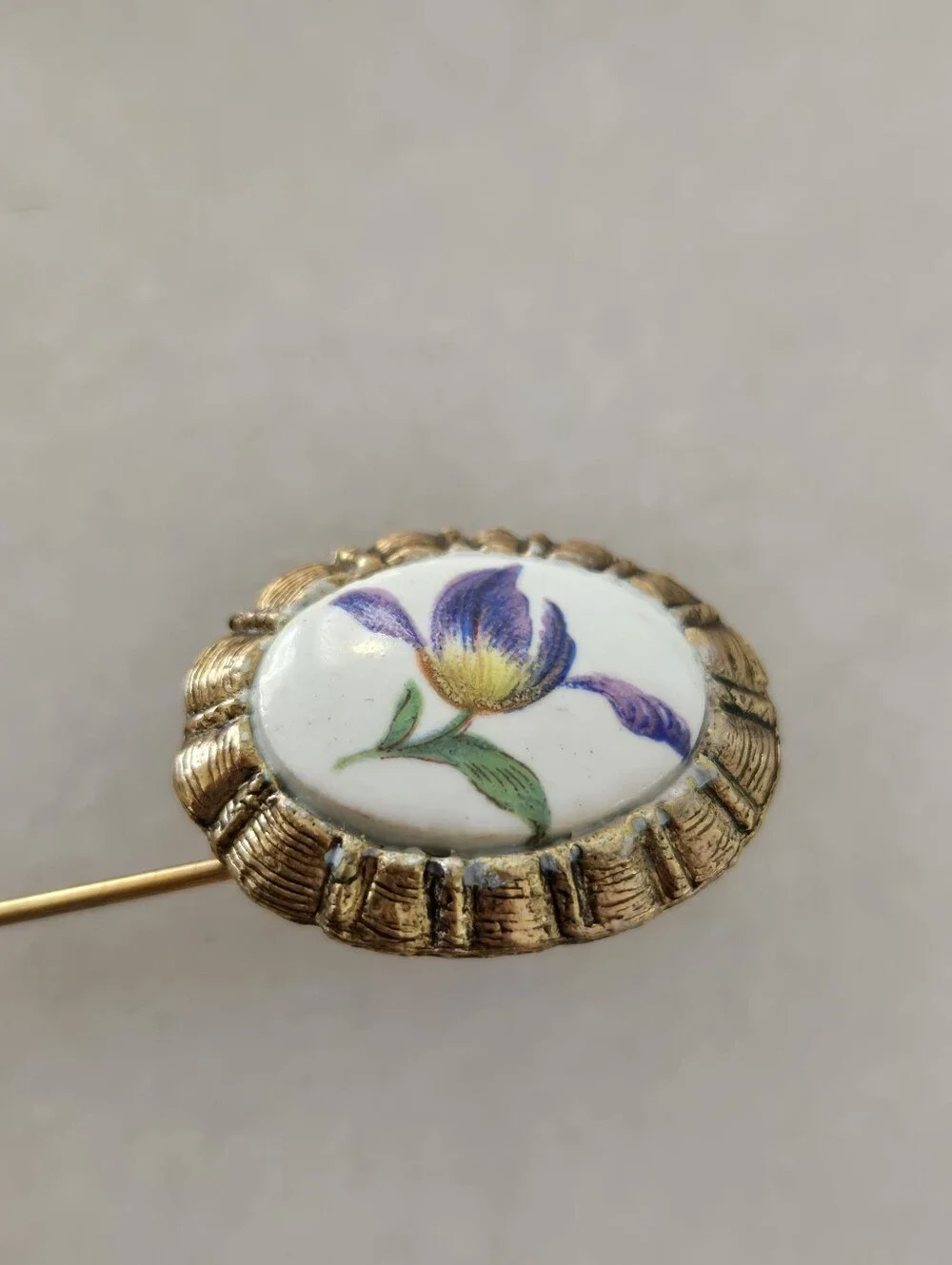 Vtg Painted Porcelain Oval Floral Hat Pin Brooch, Iris/Tulip, Fairy, Victorian